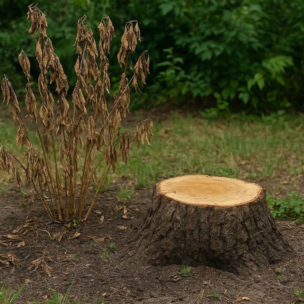 ścięte drzewo i uschnięta roślina obok 