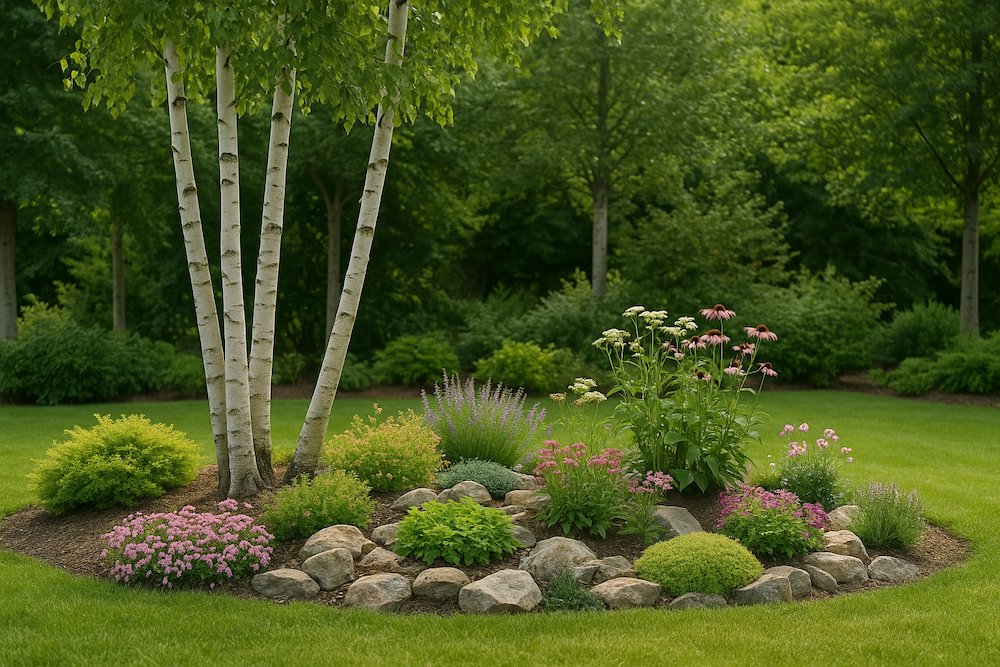 skalniak w ogrodzie z drzewami i roślinami 