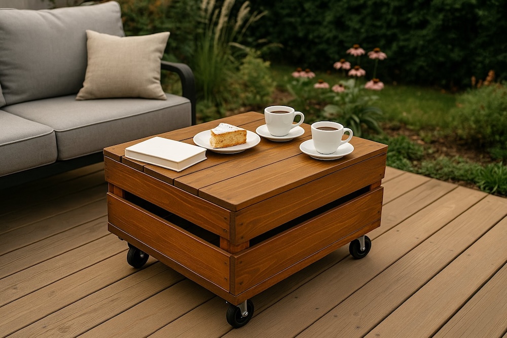stolik ogrodowy ze skrzyni na kawę i ciasto stolik ze skrzyni w ogrodzie na kółkach
