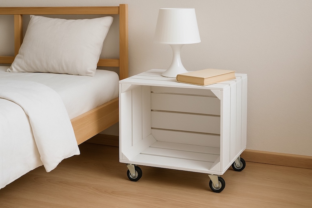 stolik ze skrzynki z lampką obok łóżka stolik ze skrzynki w białym kolorze przy łóżku