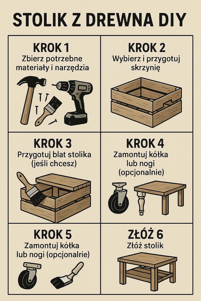 stolik ze skrzynki - etapy wykonania stolik ze skrzynki - wykonanie w 6 krokach