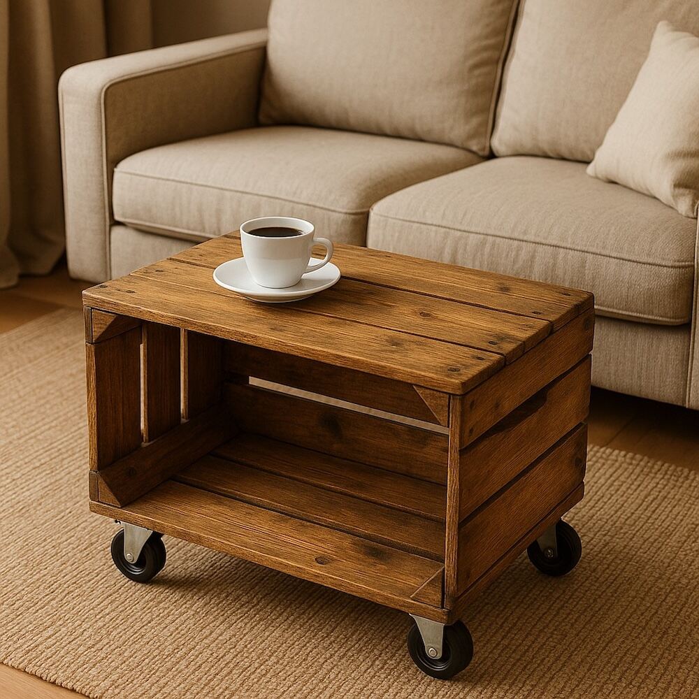 stolik ze skrzynki z kółkami i filiżanką kawy