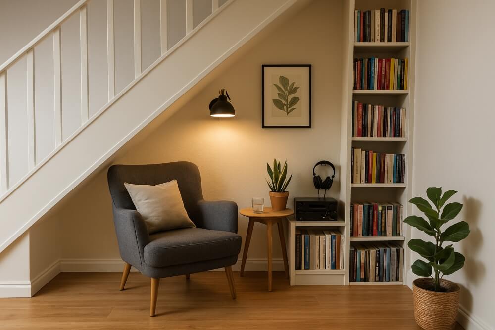 szafki pod schody na przykładzie przestrzeni do relaksu