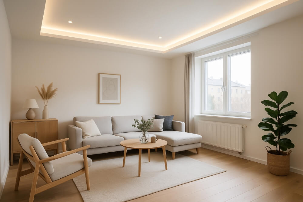 sufit podwieszany w nowoczesnym salonie