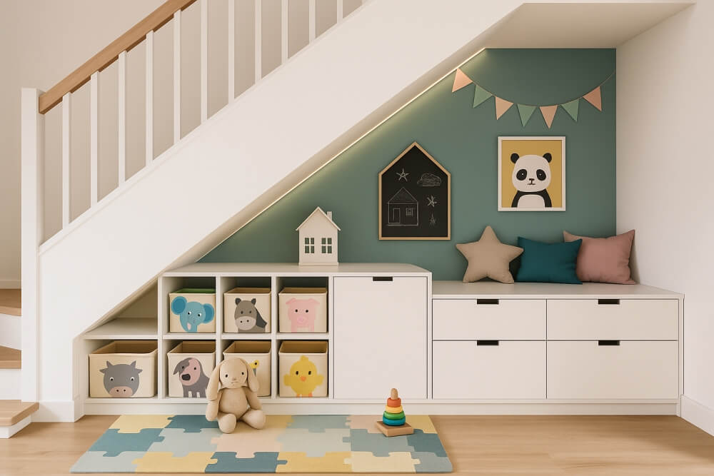 przestrzeń dla dziecka pod schodami z półkami