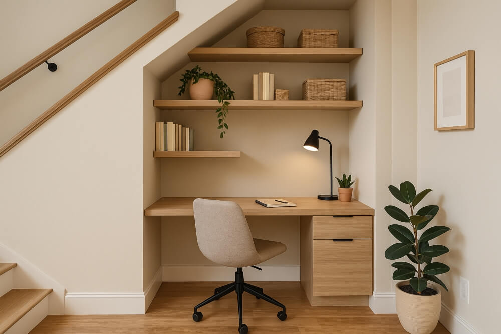 szafki pod schody jako kącik do pracy