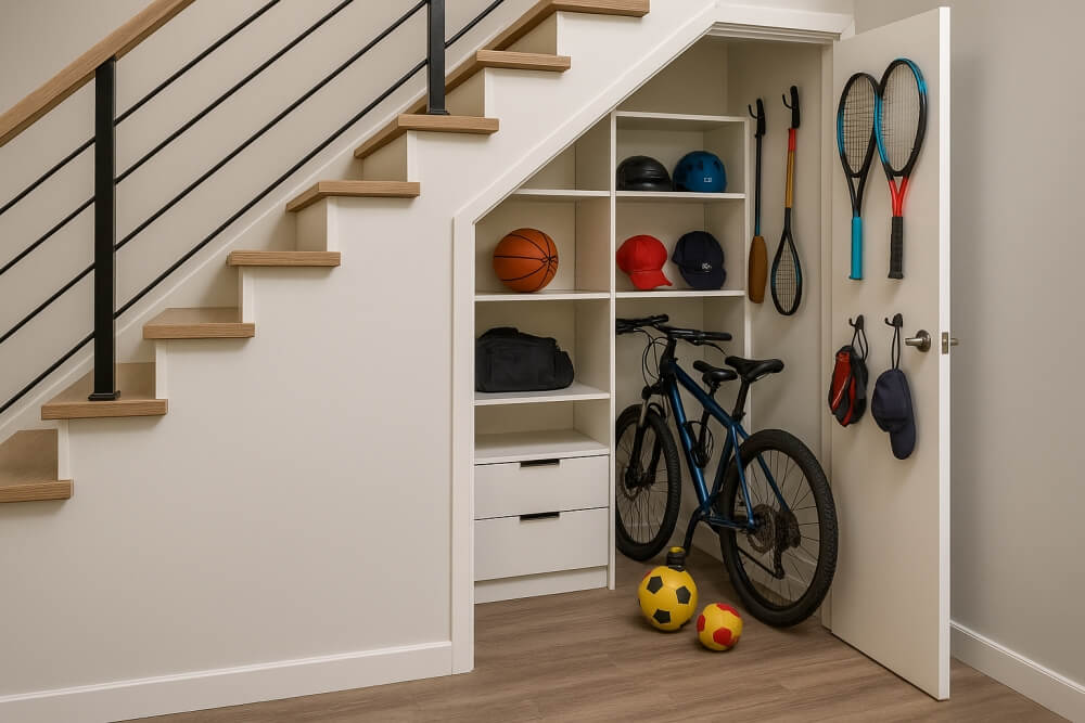 szafki pod schody na przykładzie schowka na sprzęt sportowy