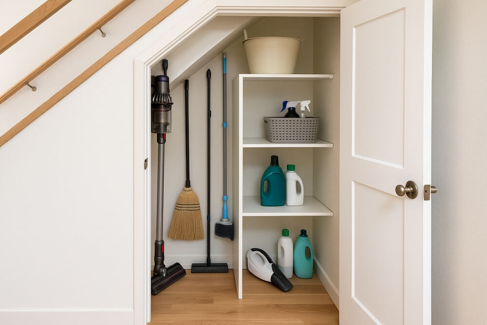 szafki pod schody jako sposób na przechowywanie sprzętu do sprzątania