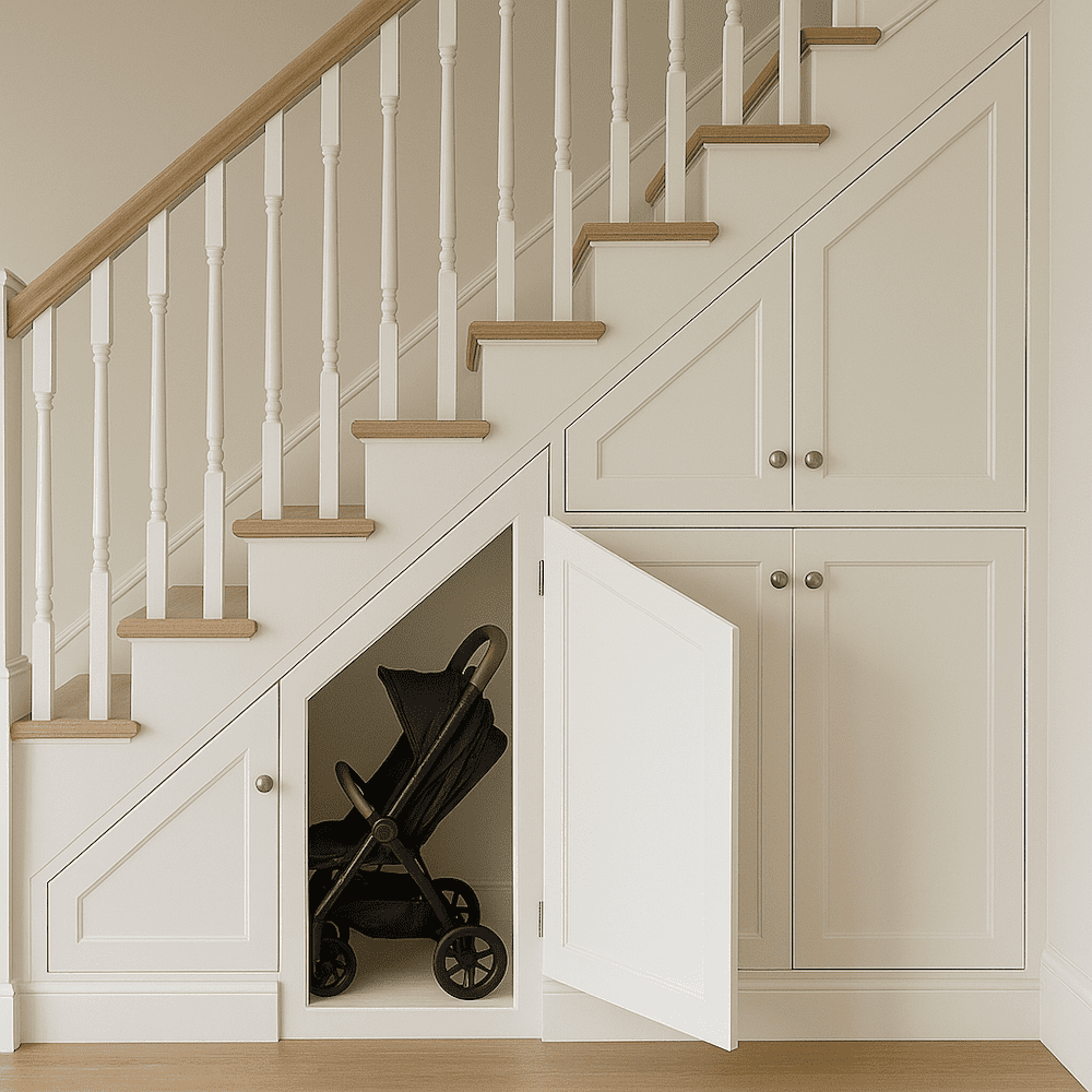 wózek dla dziecka w szafce pod schodami zabudowa z miejscem na wózek dziecięcy