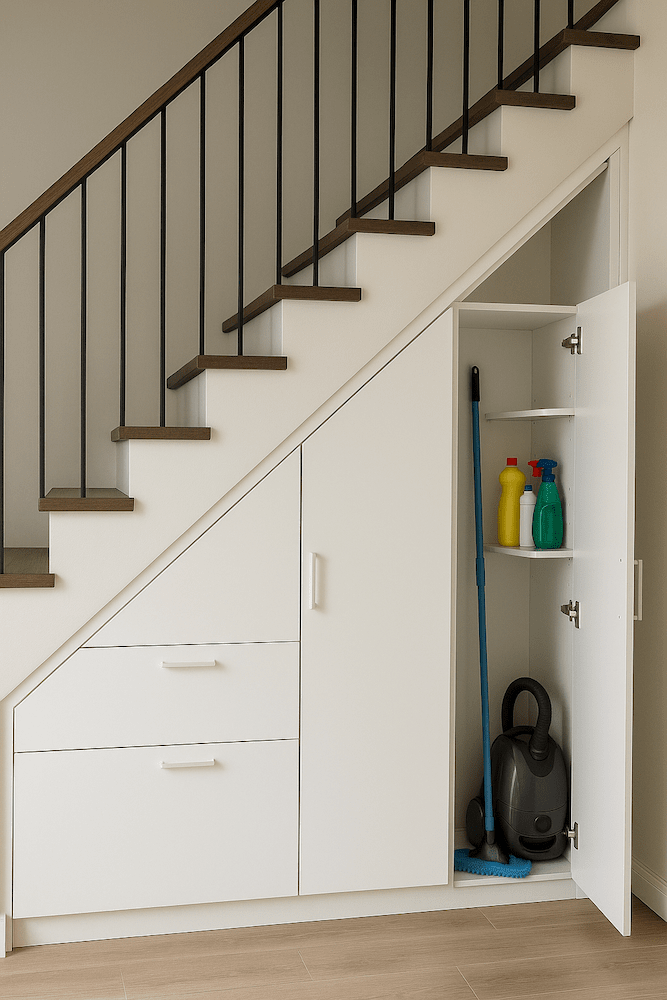 zabudowy pod schodami - schowek na odkurzacz i chemię domową zabudowy pod schodami - schowek gospodarczy