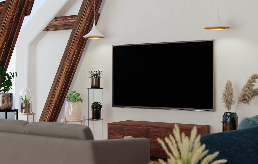 zabudowy pod schodami - telewizor i wisząca szafka RTV zabudowy pod schodami - strefa multimedialna