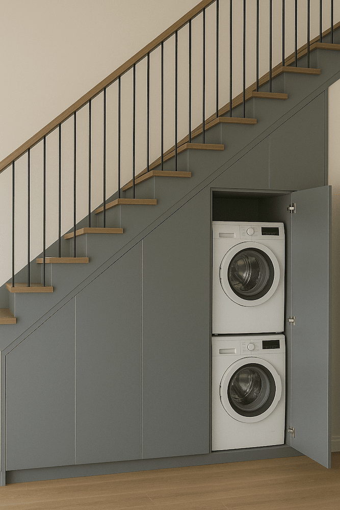 zabudowy pod schodami na sprzęt AGD - szara zabudowa zabudowy pod schodami - miejsce na pralkę i suszarkę