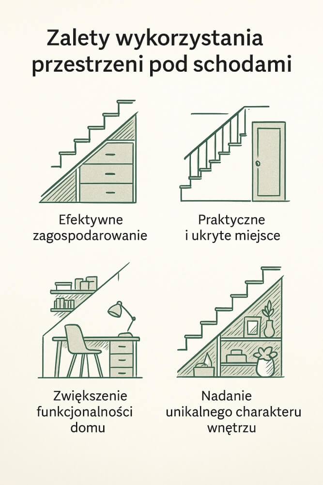 infografika przedstawiająca zalety wykorzystania przestrzeni pod schodami