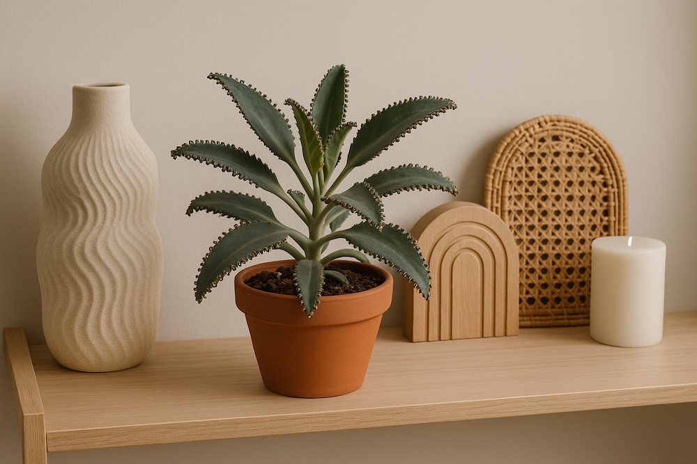 żyworódka daigremonta obok dekoracji z drewna na półce 