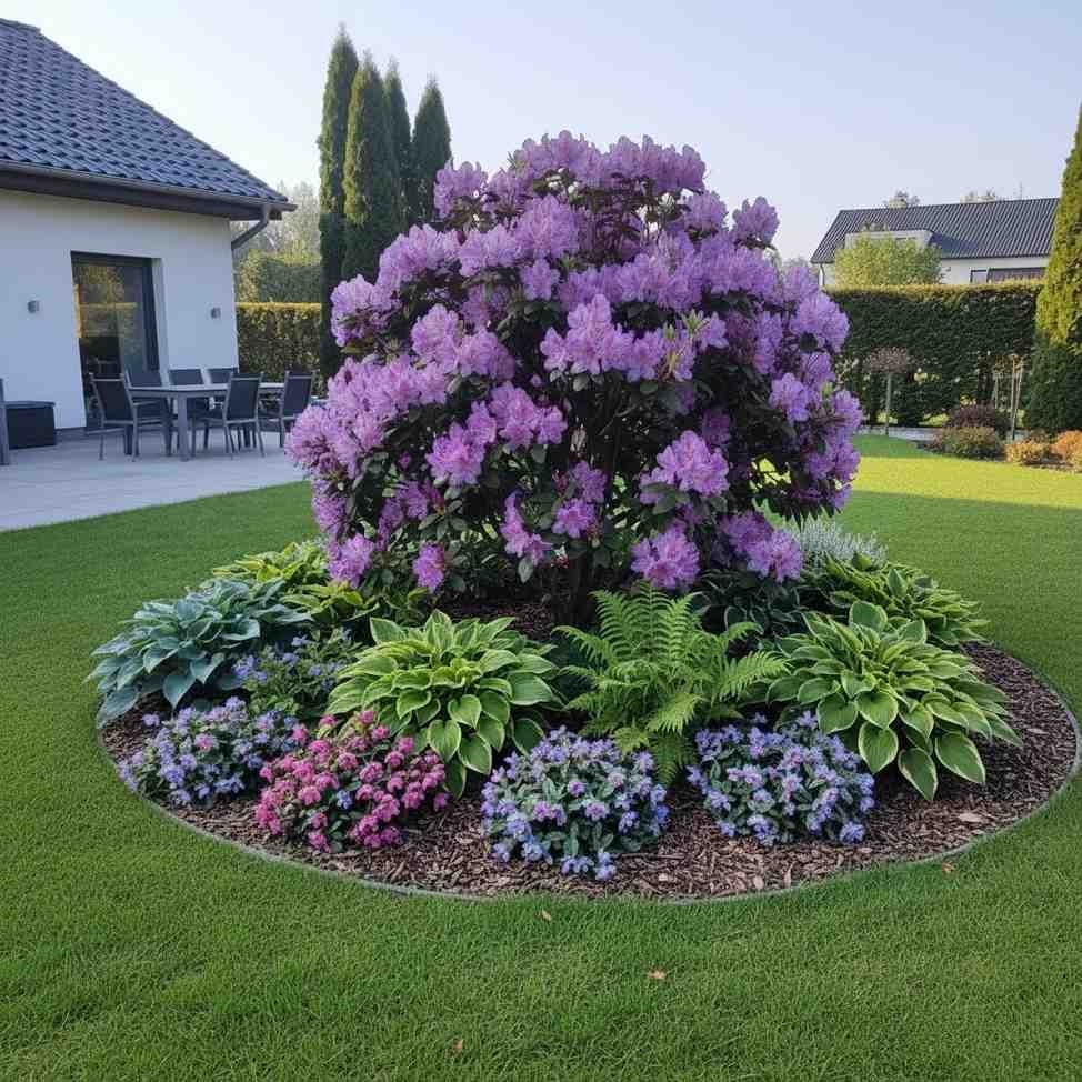rododendron w zestawieniu z bylinami rabata z rododendronem i kolorowymi bylinami
