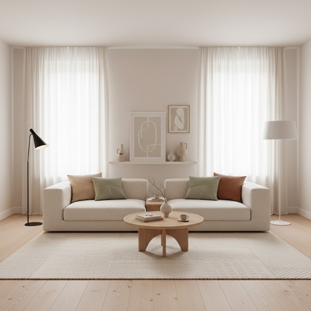jasny salon w stylu japandi beżowo-biały salon japandi