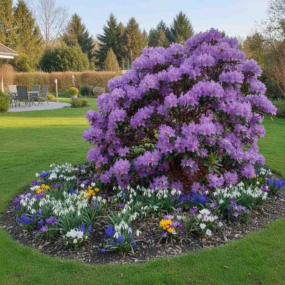 rabata z fioletowym rododendronem w ogrodzie rabata z rododendronem w ogrodzie