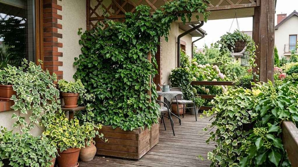 pnącza zimozielone - bluszcz na tarasie 