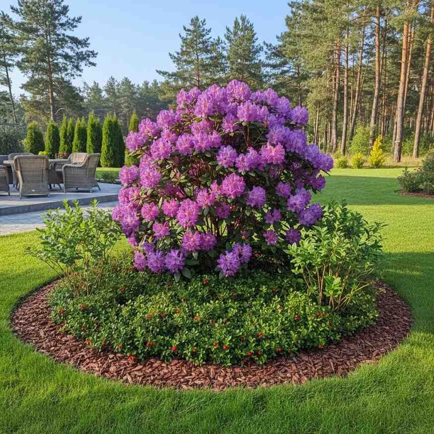rabata ogrodowa z rododendronem i krzewem kompozycja borówki dekoracyjnej z rododendronem