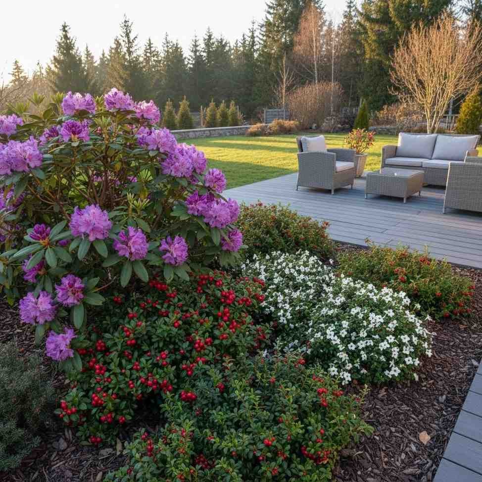 rododendron z borówką brusznicą rododendron z innymi roślinami przy tarasie