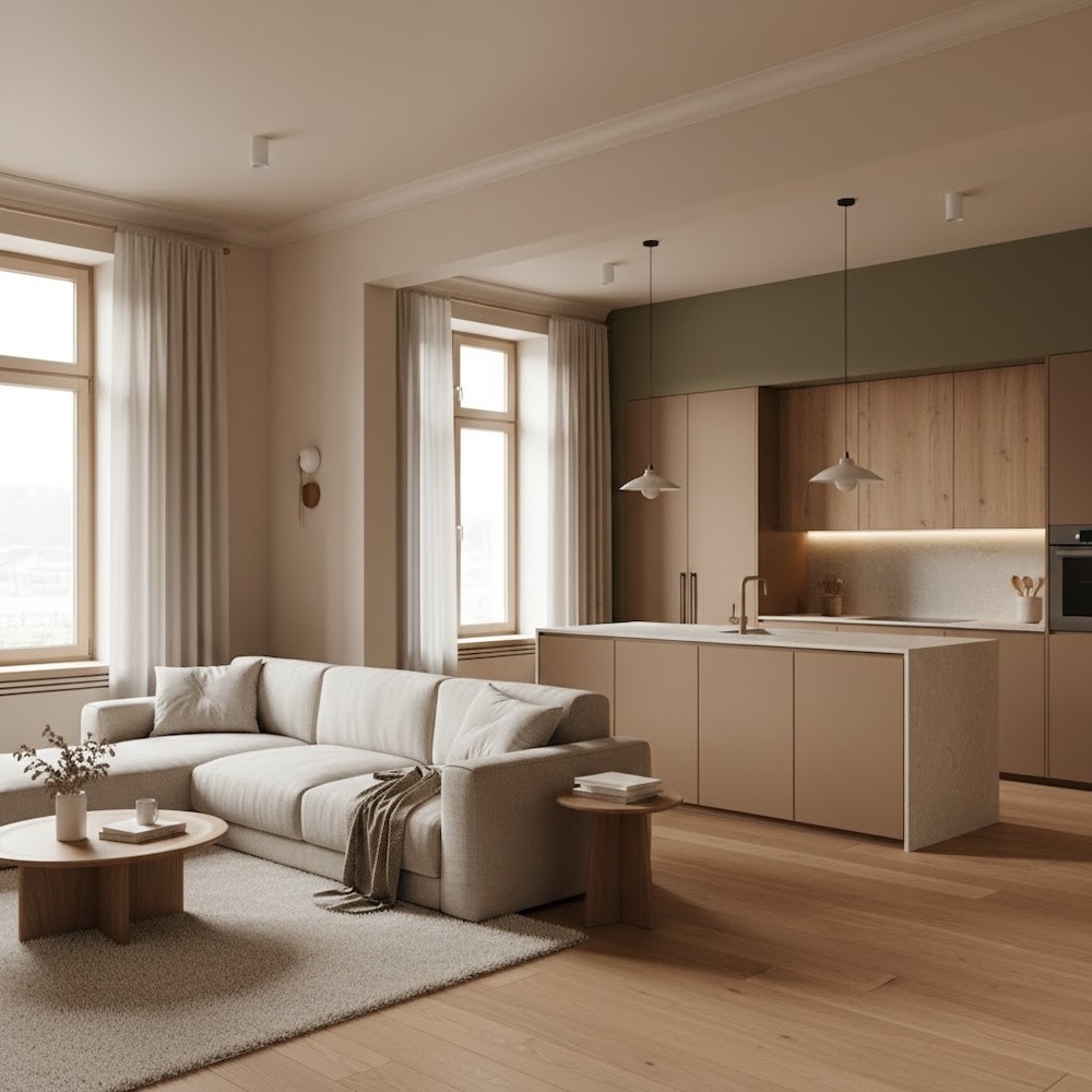 salon z kuchnią w kolorach ziemi salon i kuchnia w tych samych kolorach