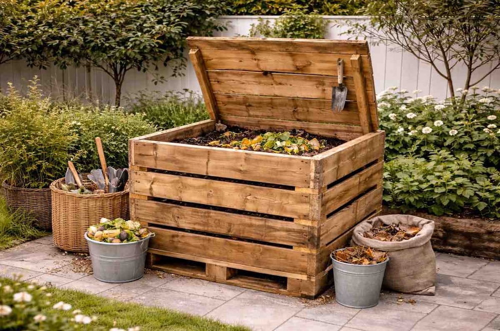 kompostownik z palet w ogrodzie 