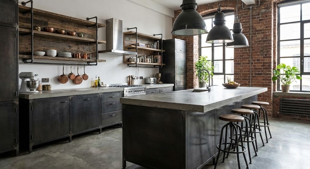 ciemna kuchnia w stylu loft 