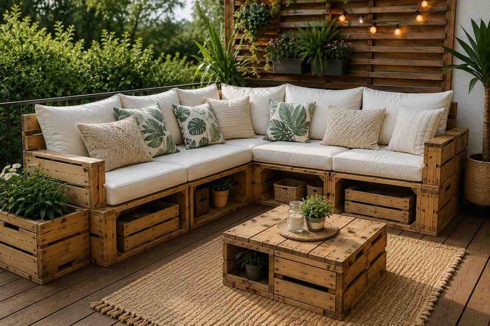 meble ze skrzynek do ogrodu meble ze skrzynek - sofa w ogrodzie