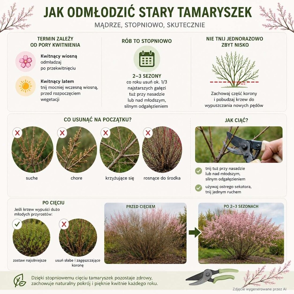 tamaryszek - cięcie na odmłodzenie rośliny tamaryszek - odmładzające cięcie