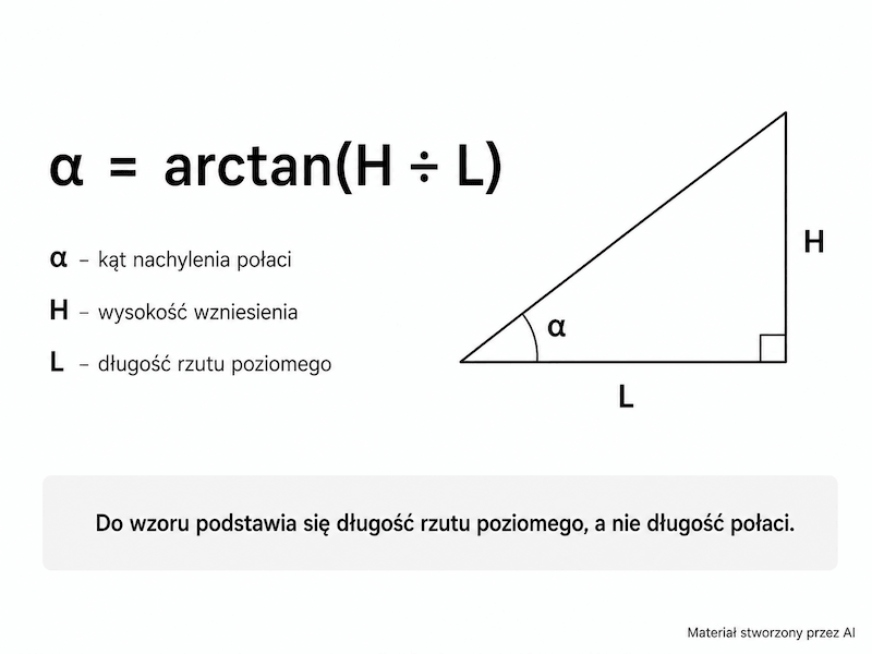 schemat obliczania kąta połaci z wysokości i rzutu kąt nachylenia dachu – tabela i schemat wysokości oraz rzutu poziomego