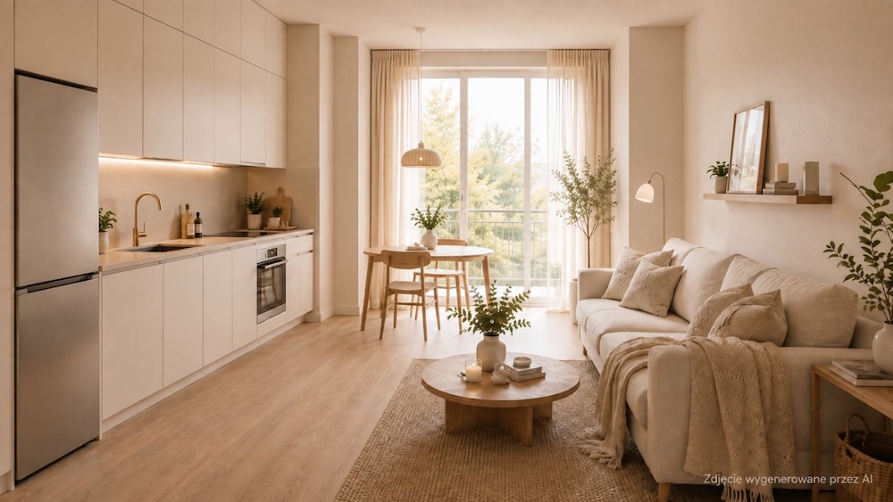 mała kuchnia z salonem 20m2 - układ w jednej linii 