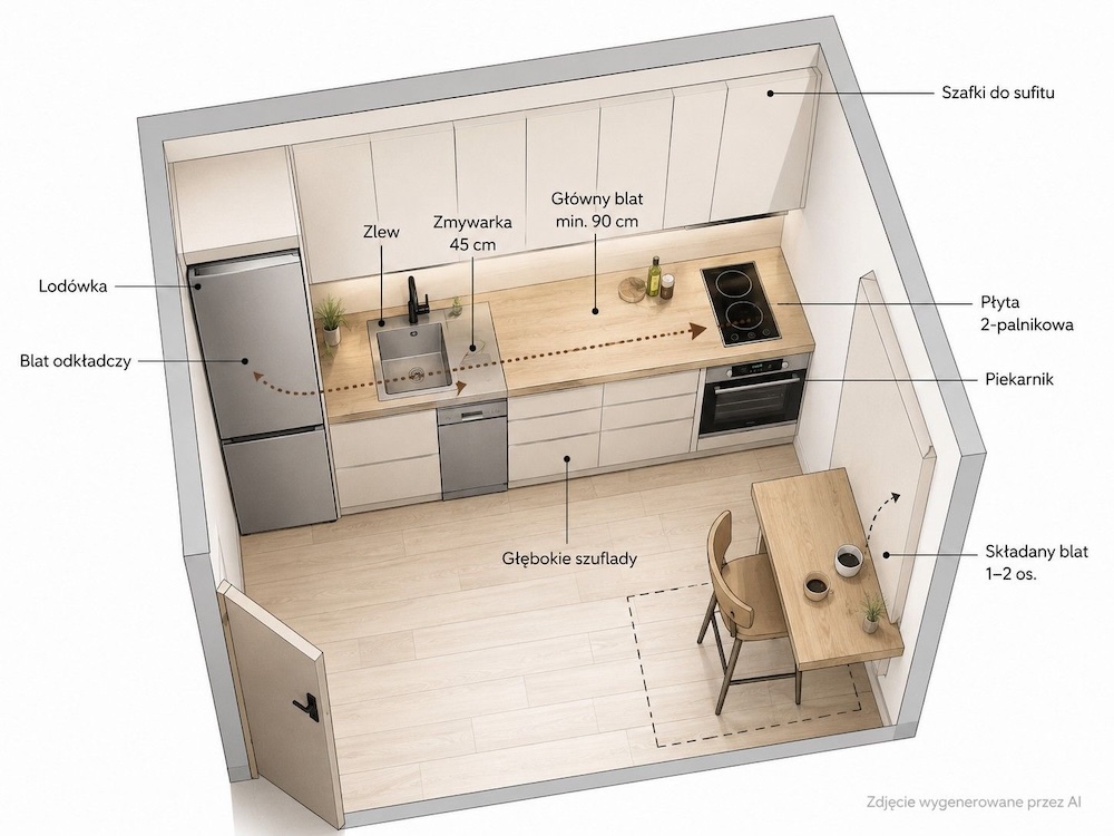 projekt kuchni 8m2 - rzut projekt kuchni 8m2 w 3d