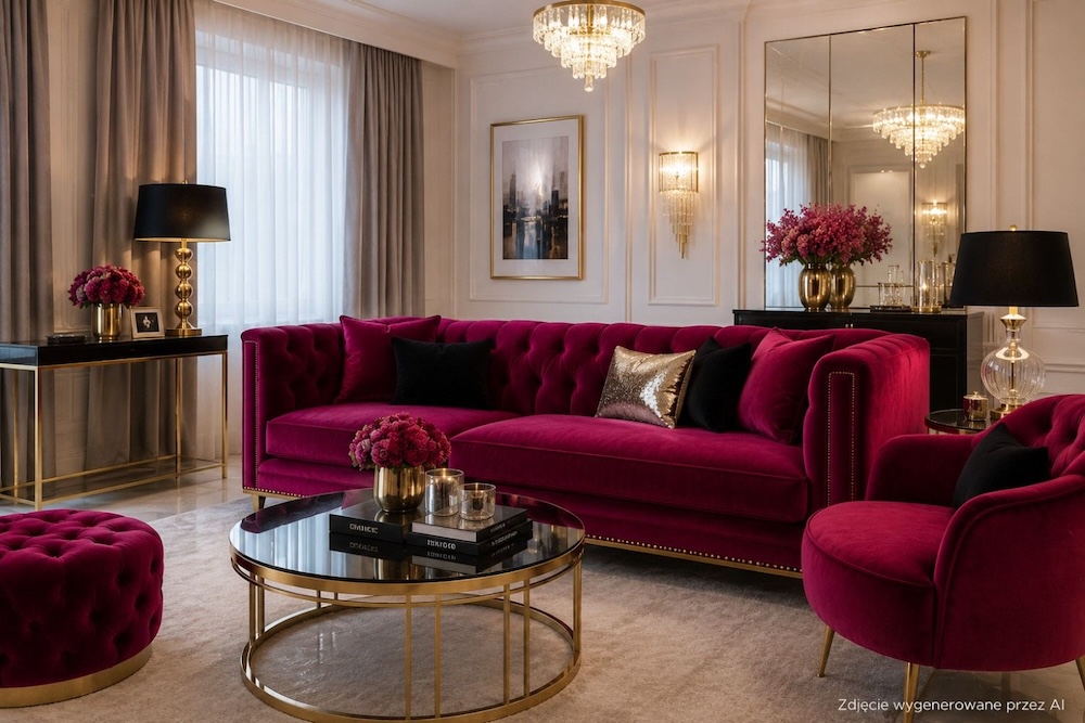 kolor malinowy na sofie i fotelach w salonie glamour 