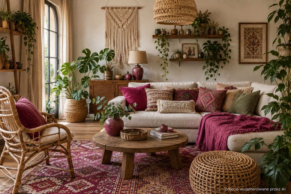 kolor malinowy w salonie boho 