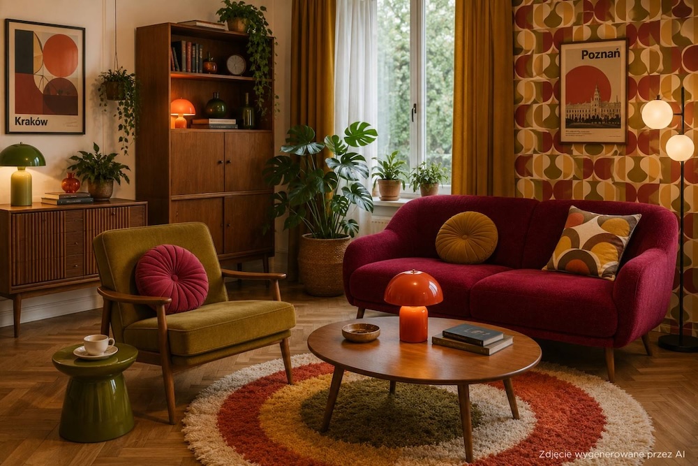 kolor malinowy w pokoju retro 
