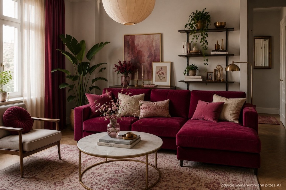 malinowa sofa z poduszkami w salonie 