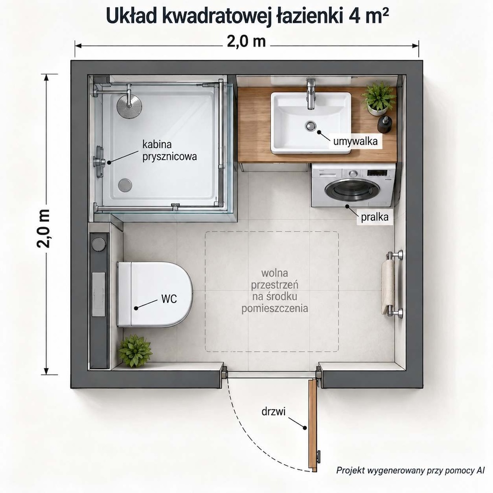 łazienka 4m2 z prysznicem i pralką - schemat łazienka 4m2 z prysznicem i pralką - projekt