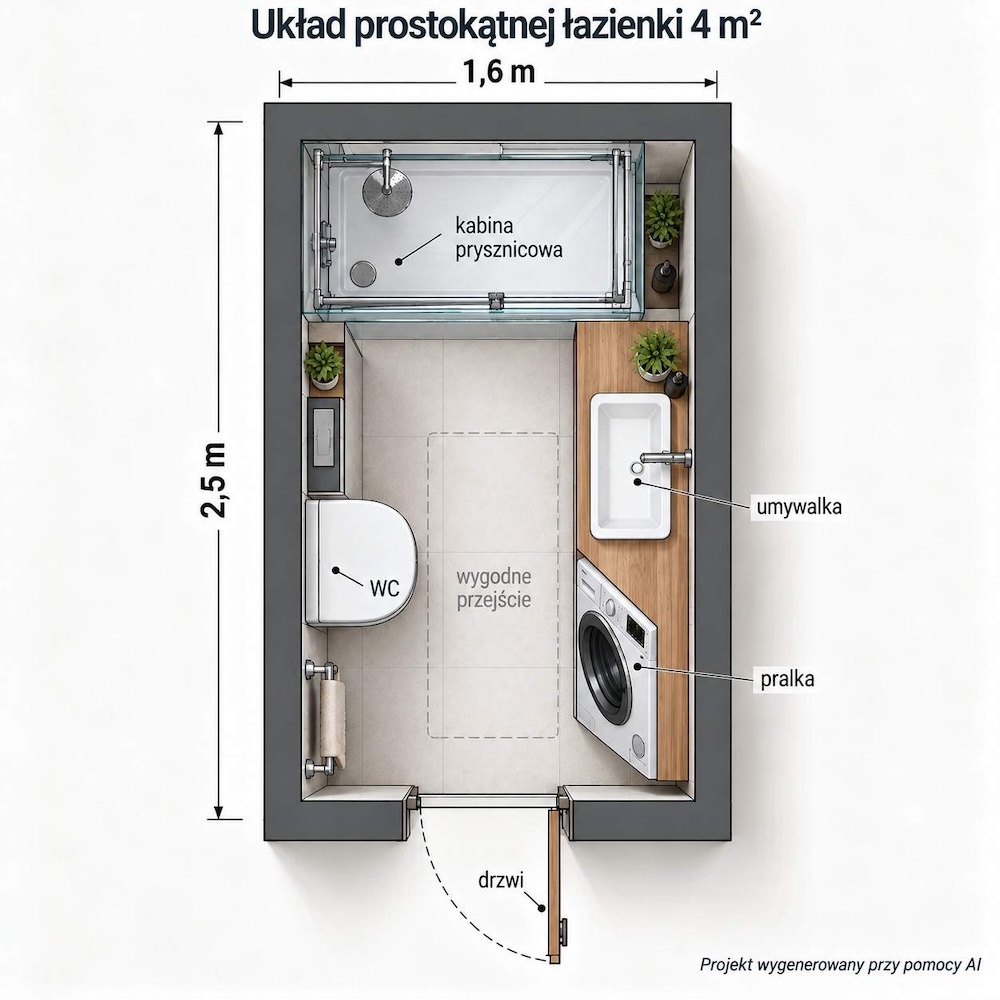 projekt łazienki 4m2 - prostokąt łazienka 4m2 - układ prostokątny