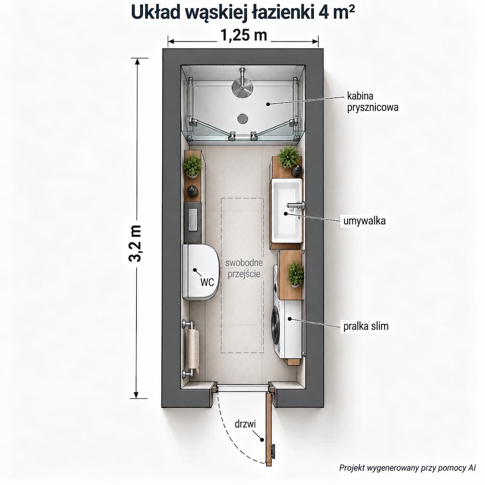 przykład wąskiej łazienki 4m2 projekt wąskiej łazienki 4m2